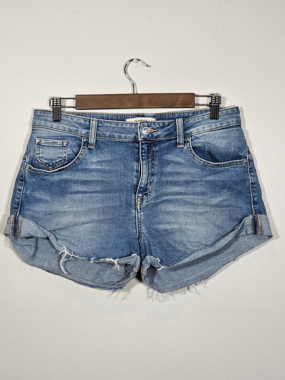 Guess Light Blue Rolled Cuff Distressed Short Shorts Sz 27